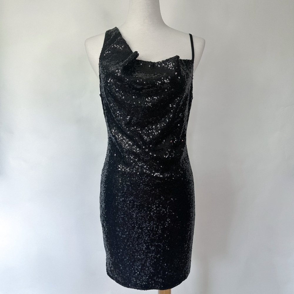 NWT Hello Molly Black Sequin Mini Dress with Asymmetrical Neckline | Size Large